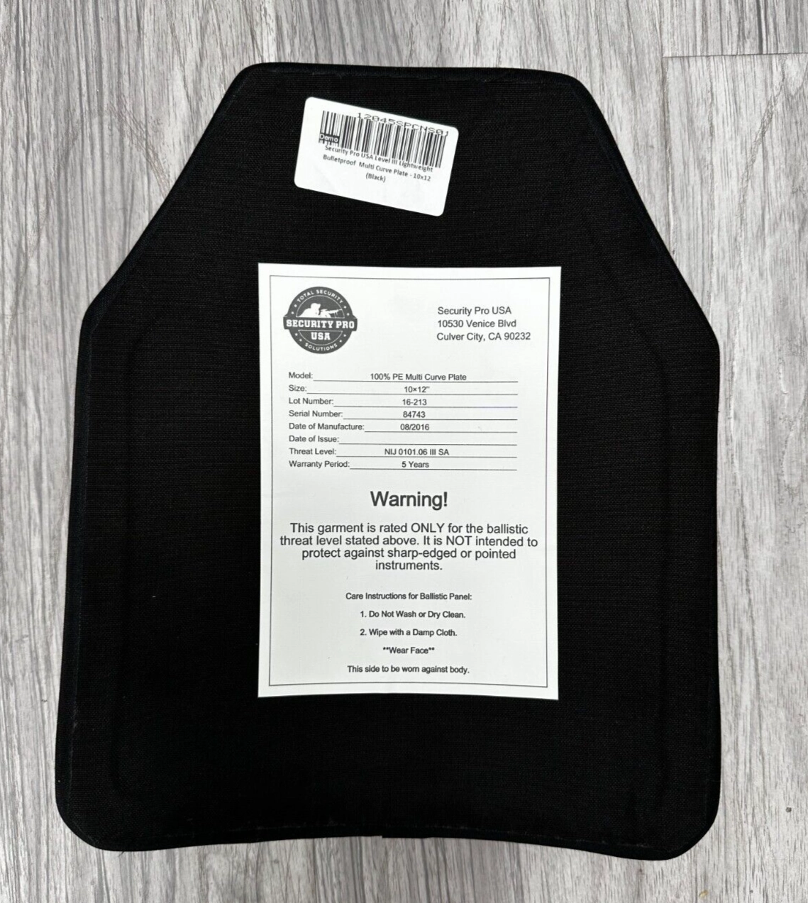 Security Pro USA Level III Lightweight Bulletproof Multi Curve Plate - 10x12 (Black)